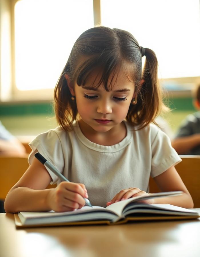 A young student writing in her notebook in a sunlit classroom