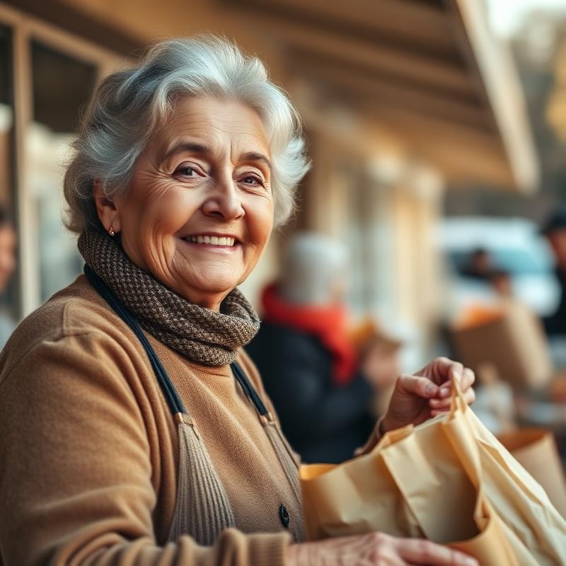 A volunteer handing groceries to a neighbour at a community food drive