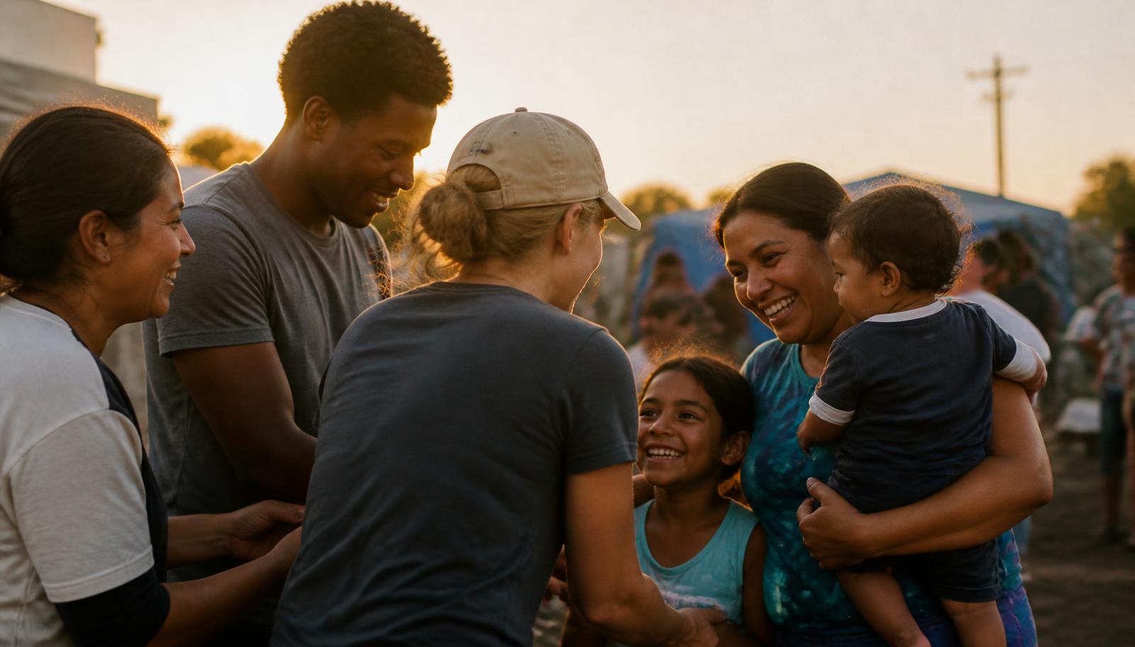 Volunteers and a family sharing a hopeful moment at a relief site